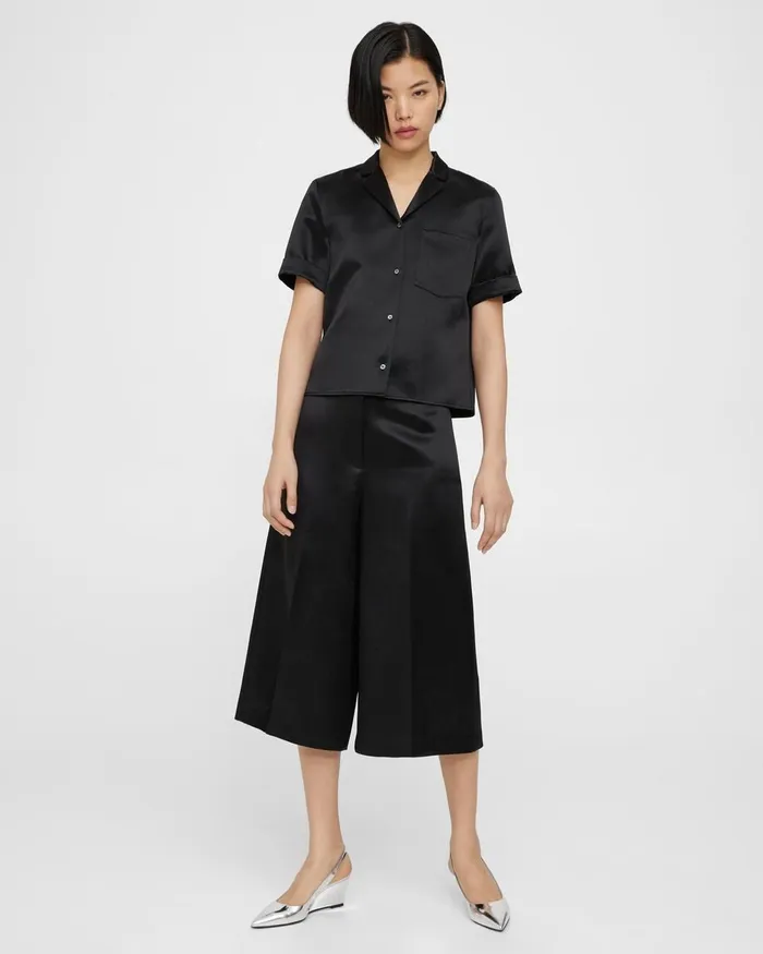 Women Pants Theory WideLeg Culotte In Bonded Satin Black