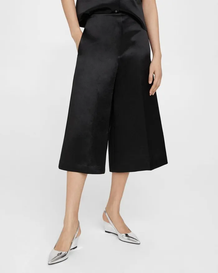 Women Pants Theory WideLeg Culotte In Bonded Satin Black