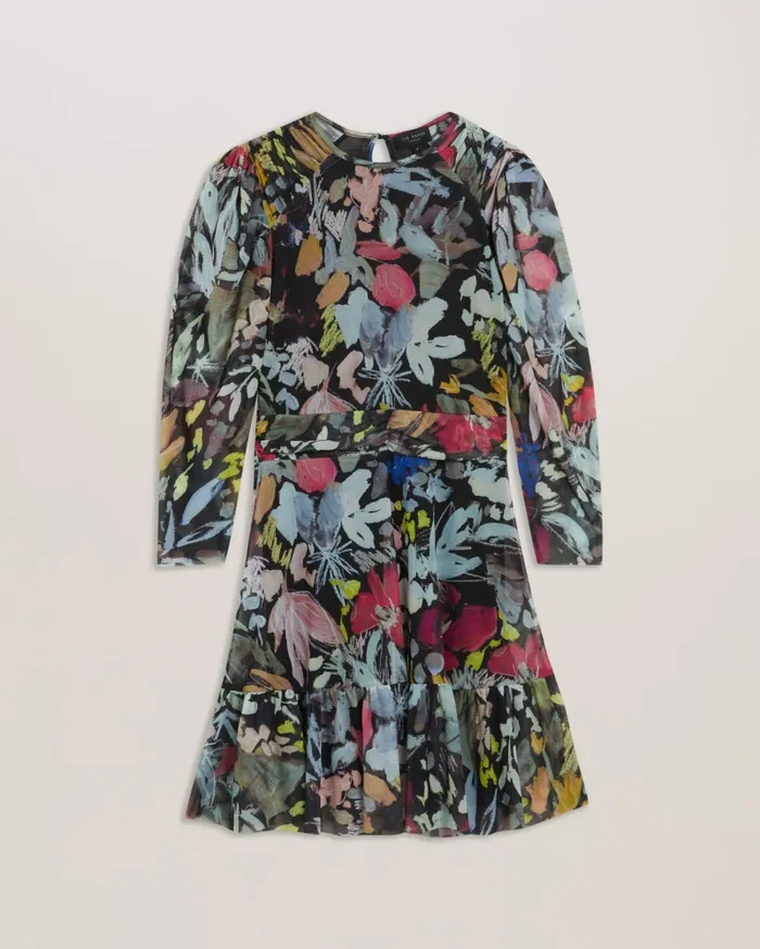 Women PAYSLYY 8211 Printed Mesh Puff Sleeve Mini Dress Black Ted Baker Dresses