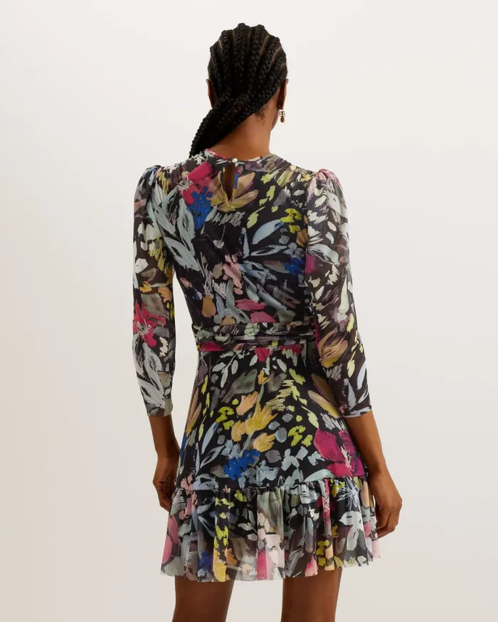 Women PAYSLYY 8211 Printed Mesh Puff Sleeve Mini Dress Black Ted Baker Dresses