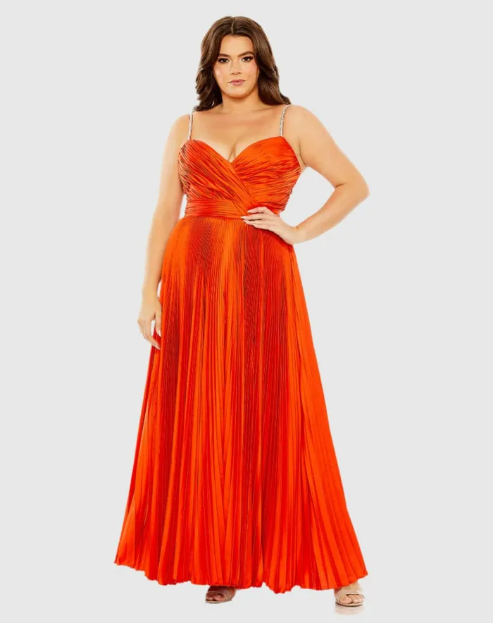 Women Rhinestone Embellished Strap Pleated Gown Cayenne Plus Size Dresses Mac Duggal