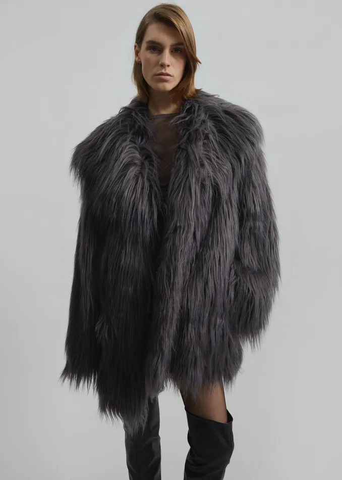 Women Rotate Faux Fur Wide Collar Coat 8211 Gray Print The Frankie Shop Outerwear