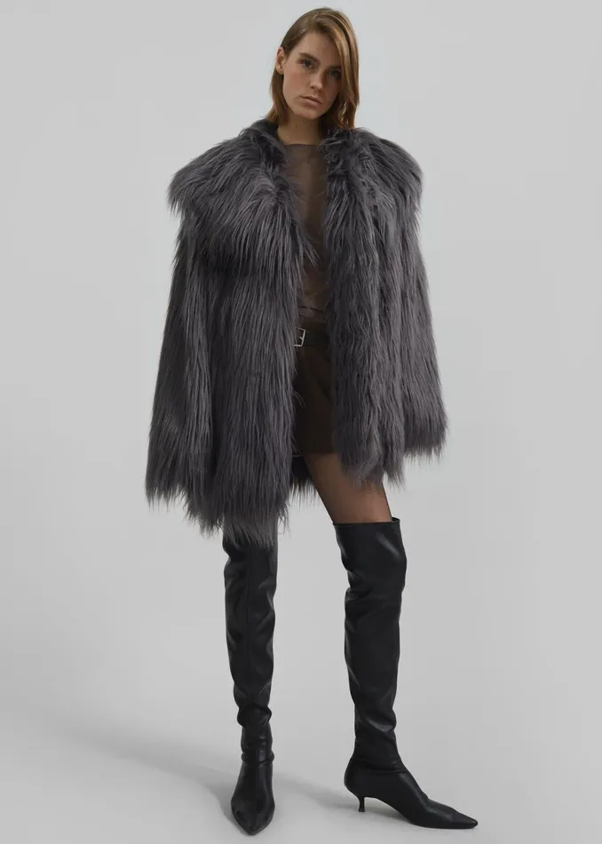 Women Rotate Faux Fur Wide Collar Coat 8211 Gray Print The Frankie Shop Outerwear