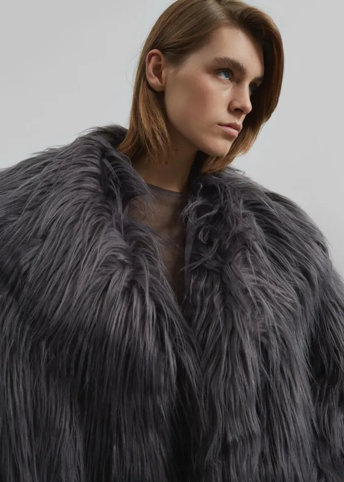 Women Rotate Faux Fur Wide Collar Coat 8211 Gray Print The Frankie Shop Outerwear