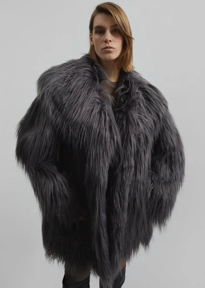 Women Rotate Faux Fur Wide Collar Coat 8211 Gray Print The Frankie Shop Outerwear
