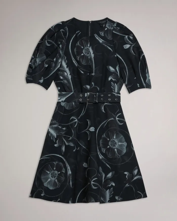 Women SAARAIH 8211 Puff Sleeve Mini Dress With Belt Black Ted Baker Dresses