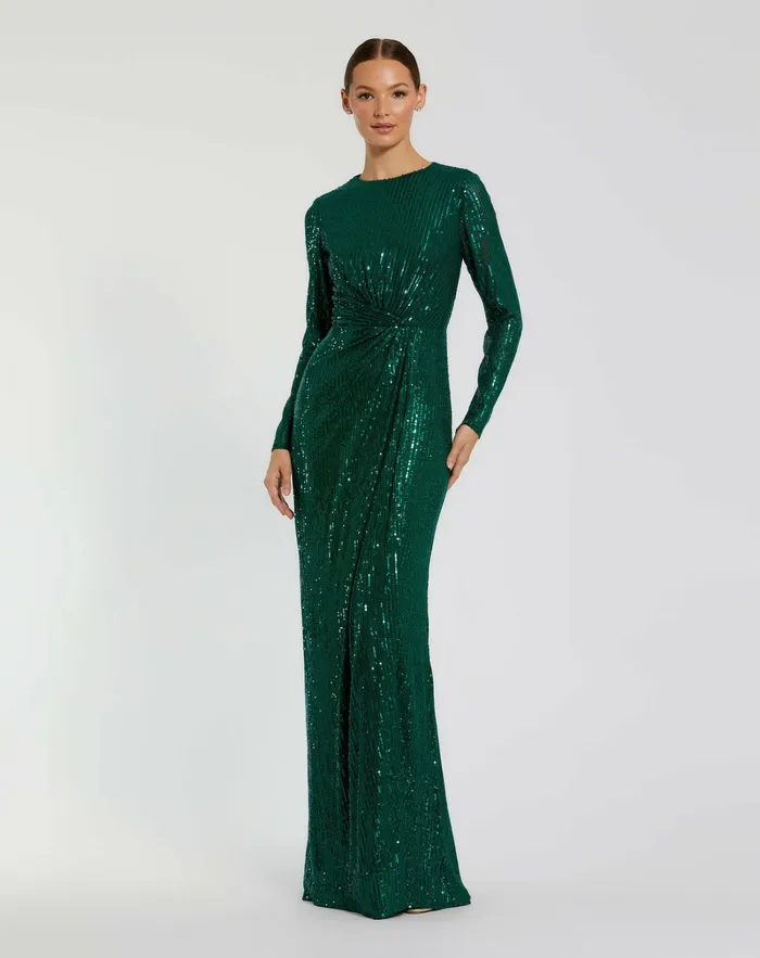 Women Sequined Long Sleeve Side Knot Dress Emerald Best Sellers Mac Duggal