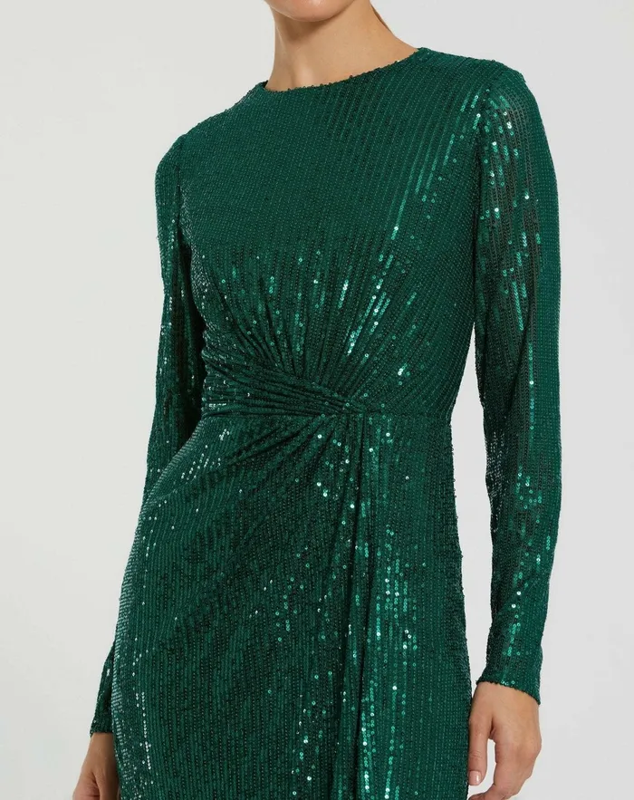 Women Sequined Long Sleeve Side Knot Dress Emerald Best Sellers Mac Duggal Women Sequined Long Sleeve Side Knot Dress Emerald Best Sellers Mac Duggal