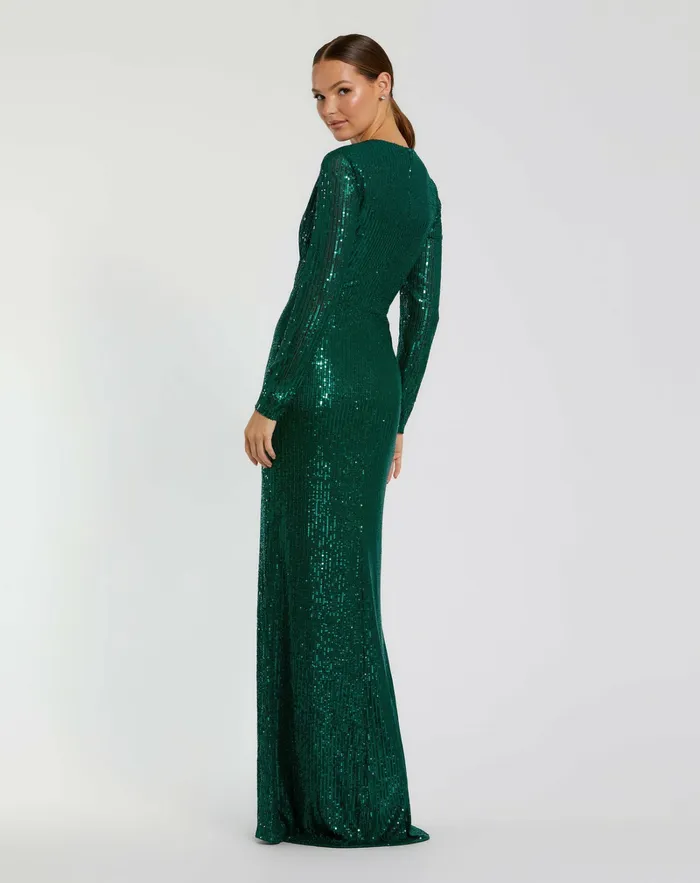 Women Sequined Long Sleeve Side Knot Dress Emerald Best Sellers Mac Duggal Women Sequined Long Sleeve Side Knot Dress Emerald Best Sellers Mac Duggal