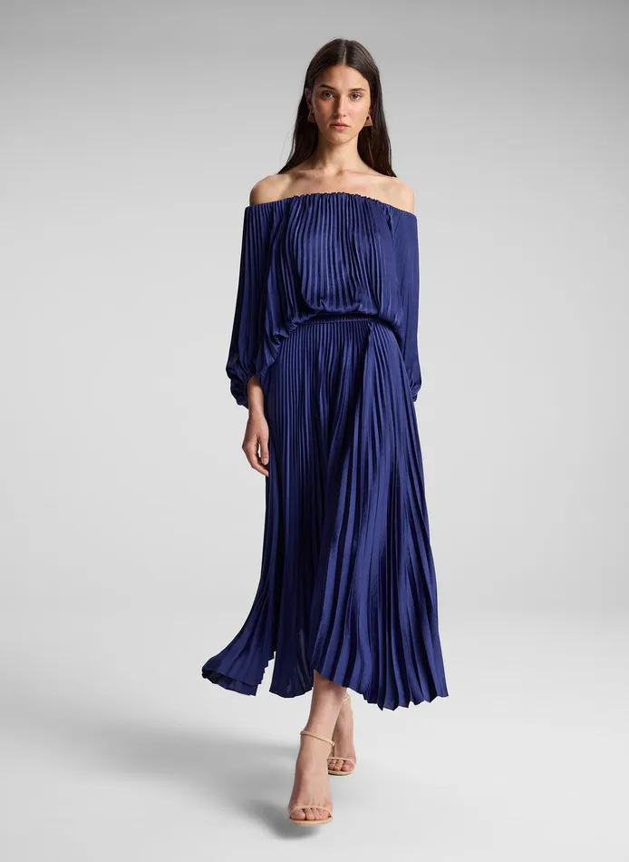 Women Sienna Satin Pleated Off Shoulder Dress Riviera ALC Dresses