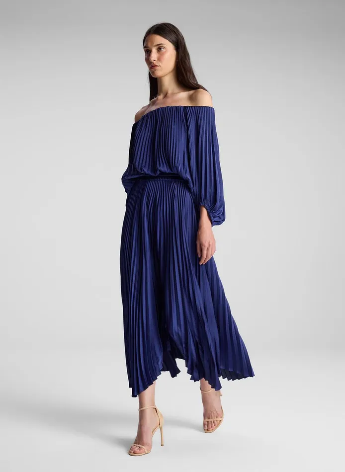 Women Sienna Satin Pleated Off Shoulder Dress Riviera ALC Dresses