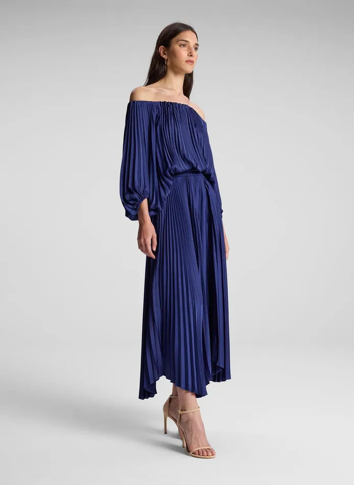 Women Sienna Satin Pleated Off Shoulder Dress Riviera ALC Dresses