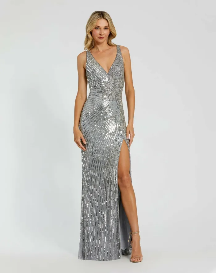 Women Silver Beaded Floral Sleeveless Gown Silver Best Sellers Mac Duggal