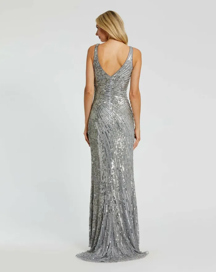 Women Silver Beaded Floral Sleeveless Gown Silver Best Sellers Mac Duggal