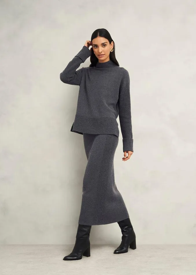 Women Skirts Hobbs Gaskell CoOrd Wool Cotton Skirt Dark Grey Marl