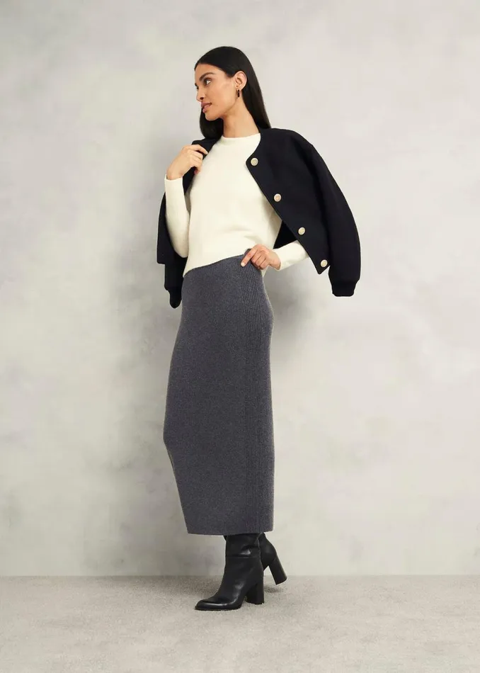 Women Skirts Hobbs Gaskell CoOrd Wool Cotton Skirt Dark Grey Marl