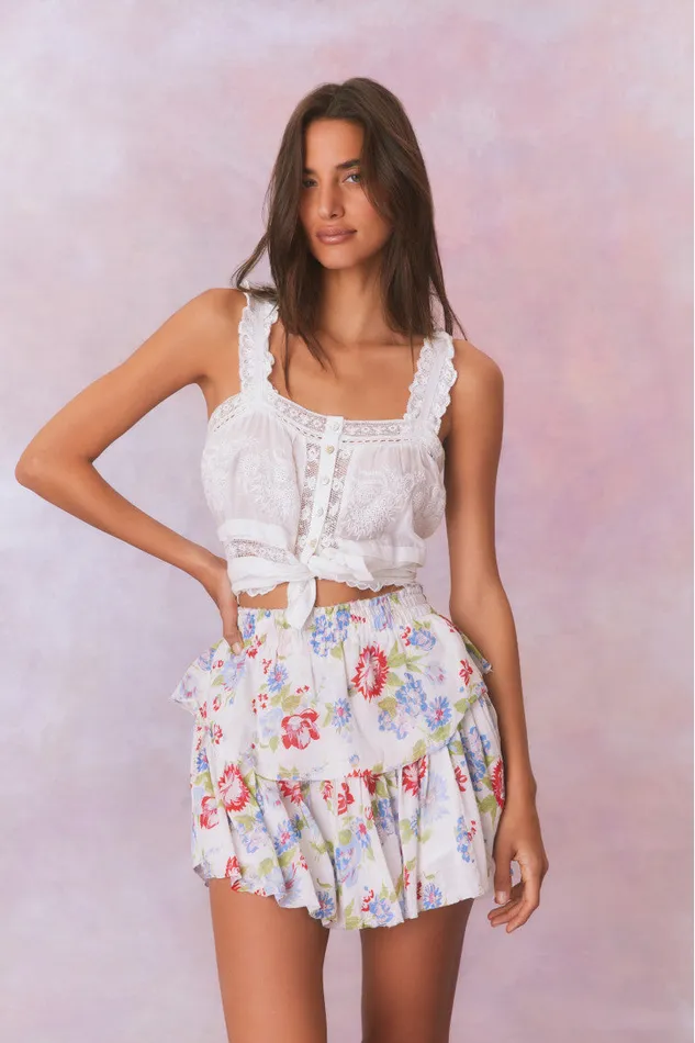 Women Skirts LoveShackFancy Ruffle Mini Floral Skirt White