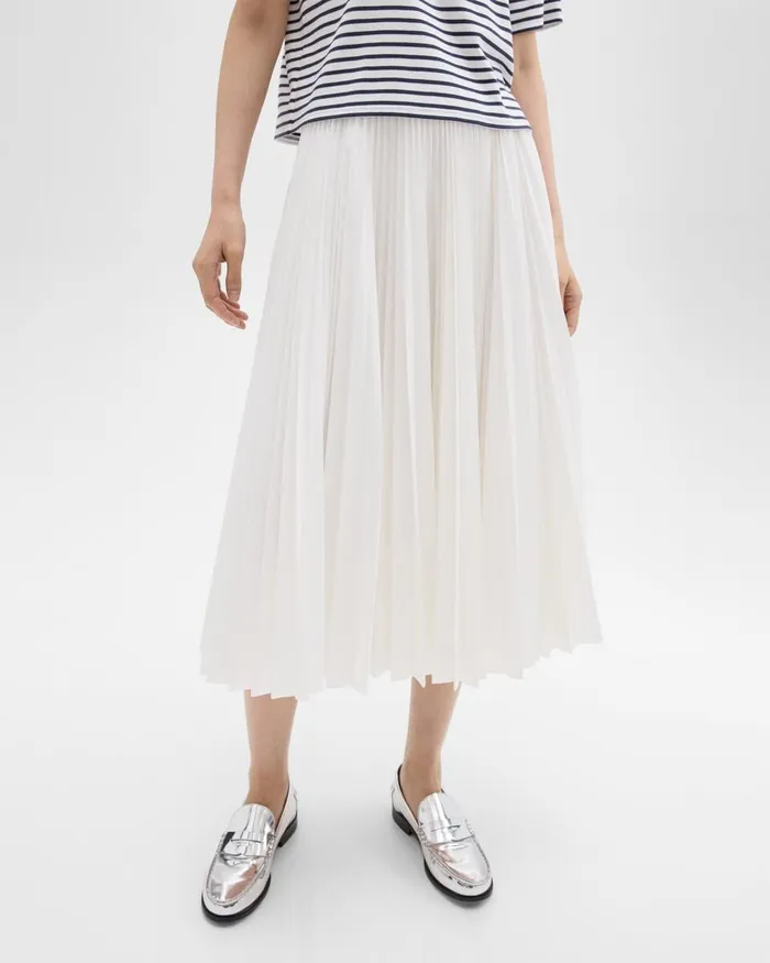 Women Skirts Theory Pleated Midi Skirt In Sleek Poplin White