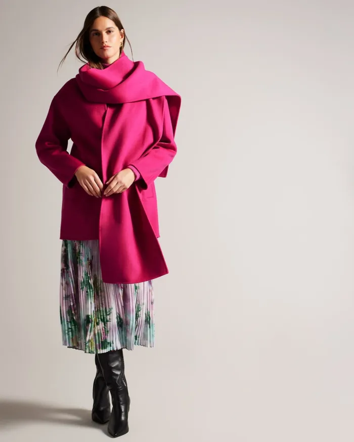 Women SKYLORR 8211 Scarf Detail Coat Bright Pink Ted Baker Coats and Jackets Women SKYLORR 8211 Scarf Detail Coat Bright Pink Ted Baker Coats and Jackets