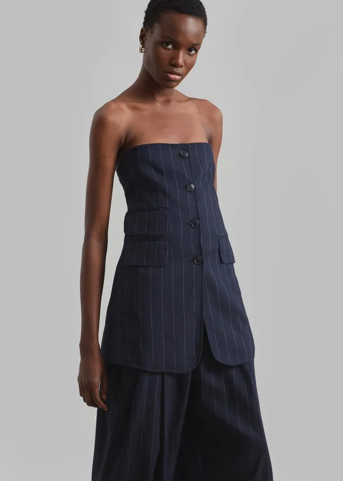 Women Sunny Strapless Vest 8211 NavyBeige Pinstripe The Frankie Shop Tops
