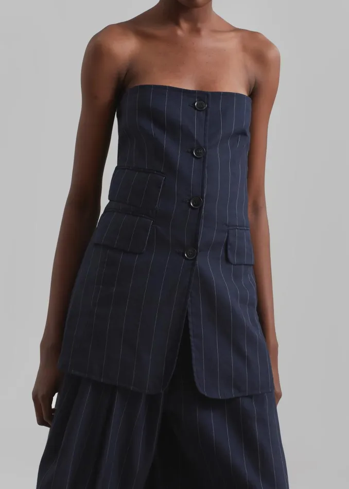 Women Sunny Strapless Vest 8211 NavyBeige Pinstripe The Frankie Shop Tops