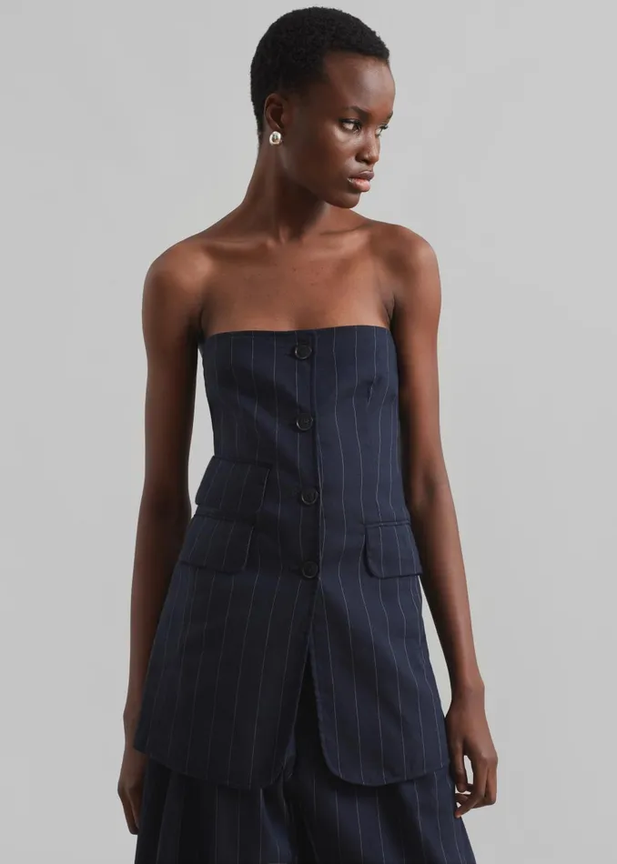 Women Sunny Strapless Vest 8211 NavyBeige Pinstripe The Frankie Shop Tops