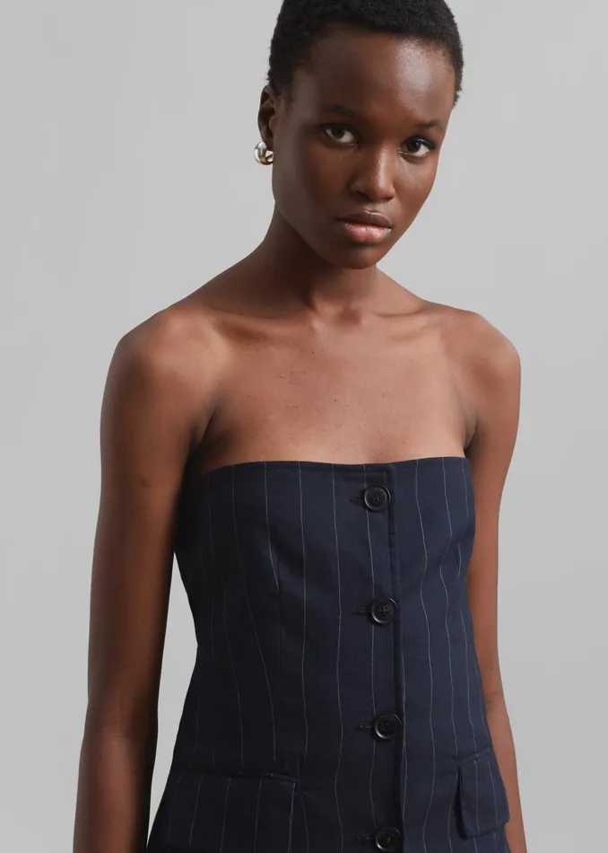 Women Sunny Strapless Vest 8211 NavyBeige Pinstripe The Frankie Shop Tops