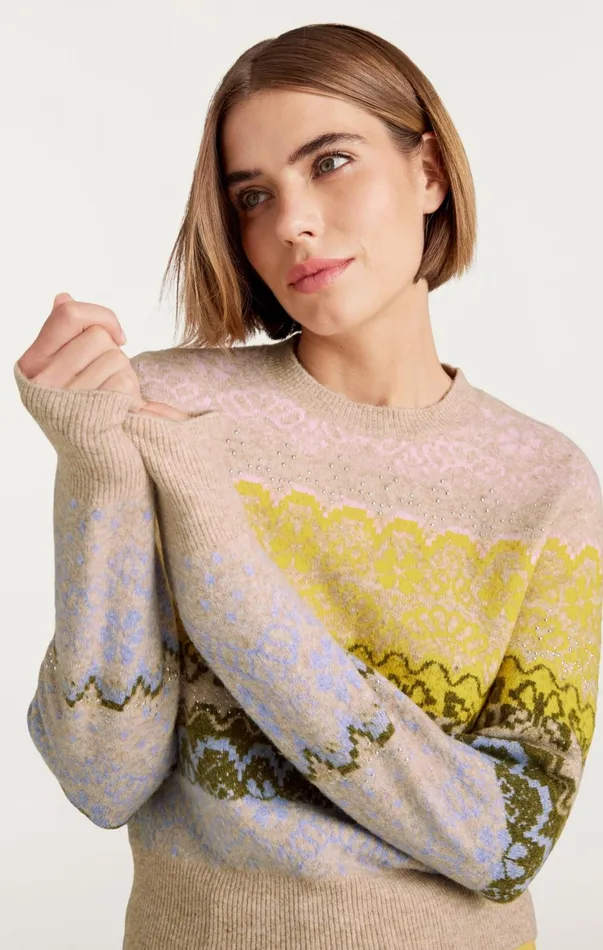 Women Sweaters and Knits Cinq Sept Lace Fair Isle Pullover Oatmeal Multi