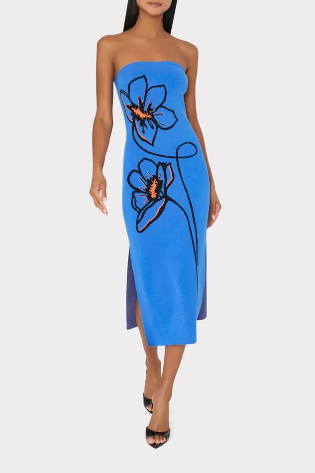 Women Sweaters and Knits Milly Floral Strapless Knit Midi Dress Blue Multi