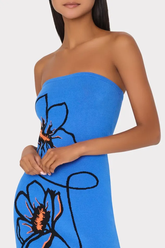 Women Sweaters and Knits Milly Floral Strapless Knit Midi Dress Blue Multi