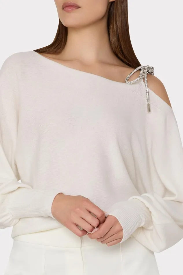 Women Sweaters and Knits Milly Ida Crystal Bow Cold Shoulder Sweater Ecru