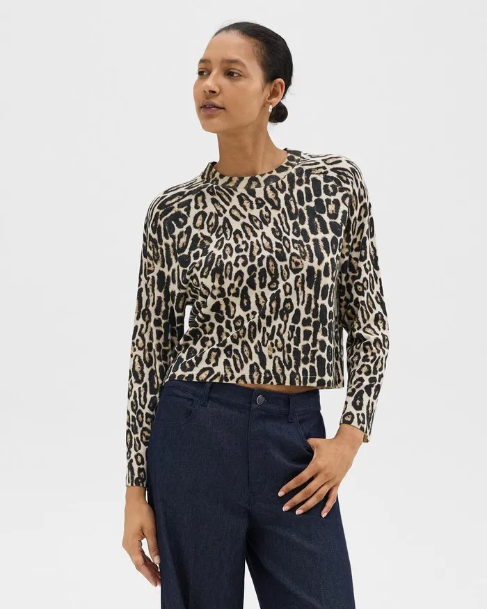 Women Sweaters Cardigans Theory Cropped Leopard Print Sweater In Merino Wool Beige Multi