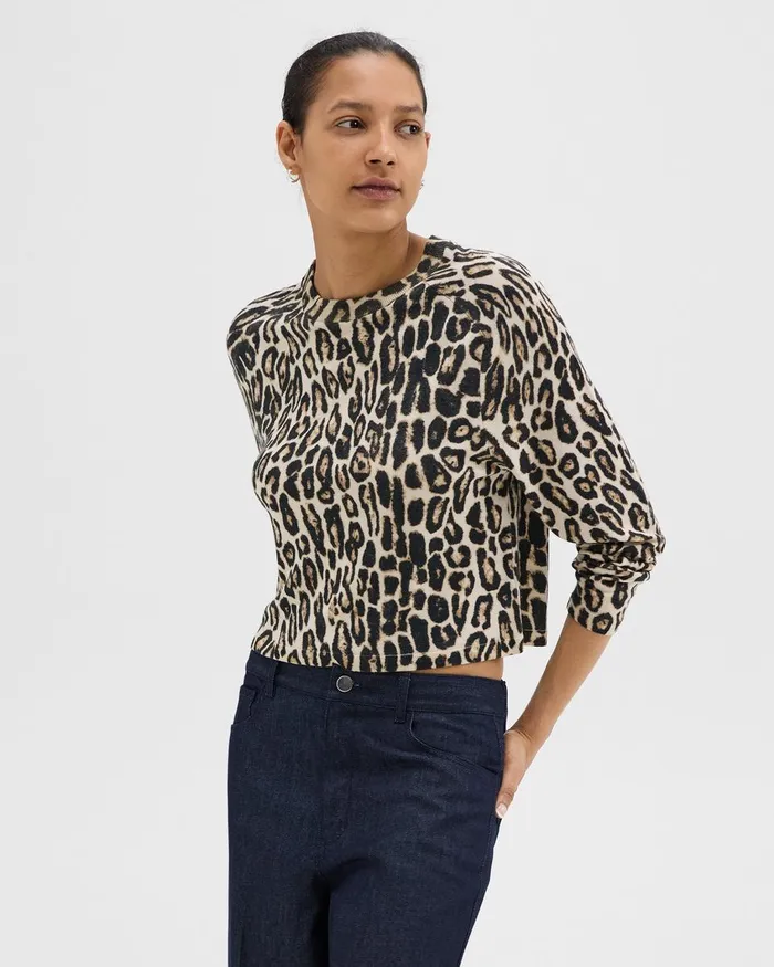 Women Sweaters Cardigans Theory Cropped Leopard Print Sweater In Merino Wool Beige Multi