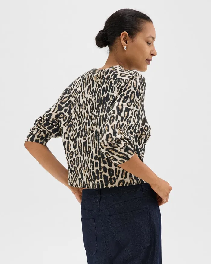 Women Sweaters Cardigans Theory Cropped Leopard Print Sweater In Merino Wool Beige Multi