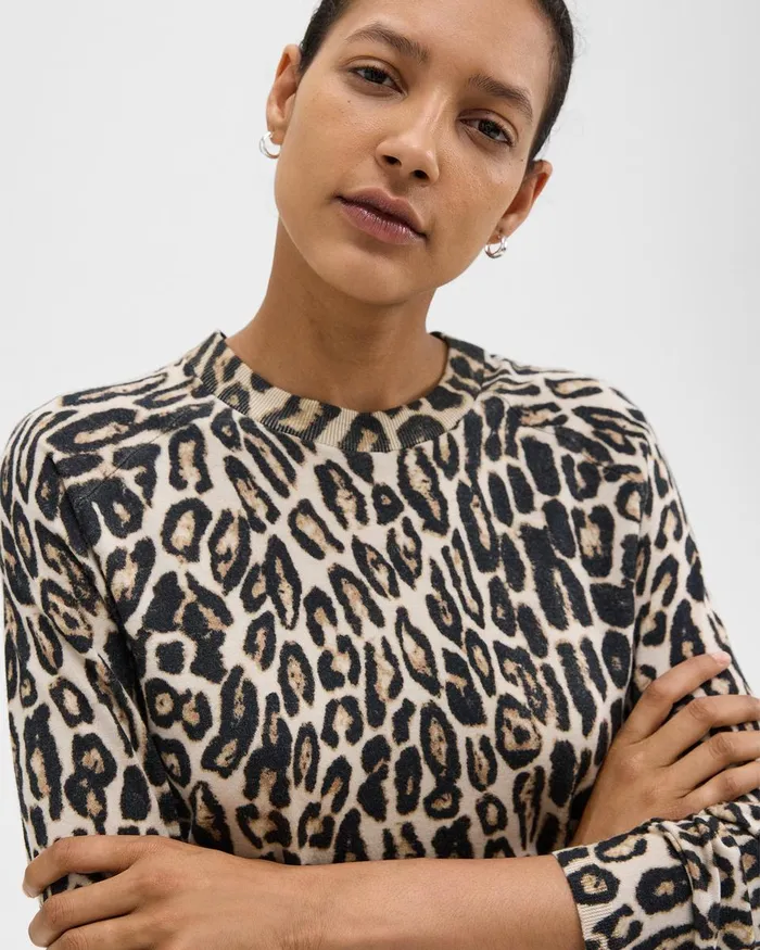 Women Sweaters Cardigans Theory Cropped Leopard Print Sweater In Merino Wool Beige Multi