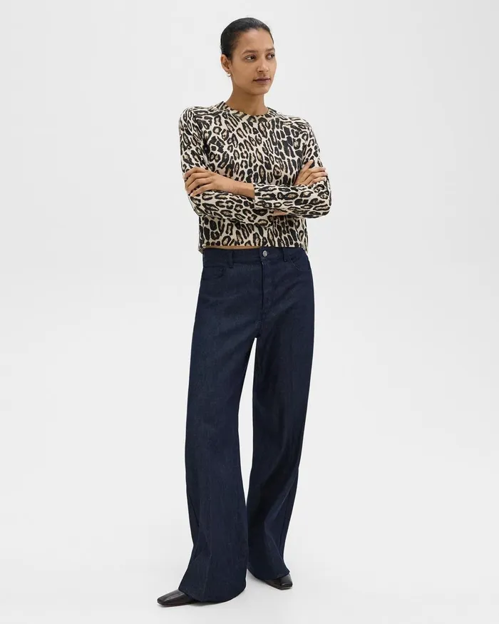 Women Sweaters Cardigans Theory Cropped Leopard Print Sweater In Merino Wool Beige Multi
