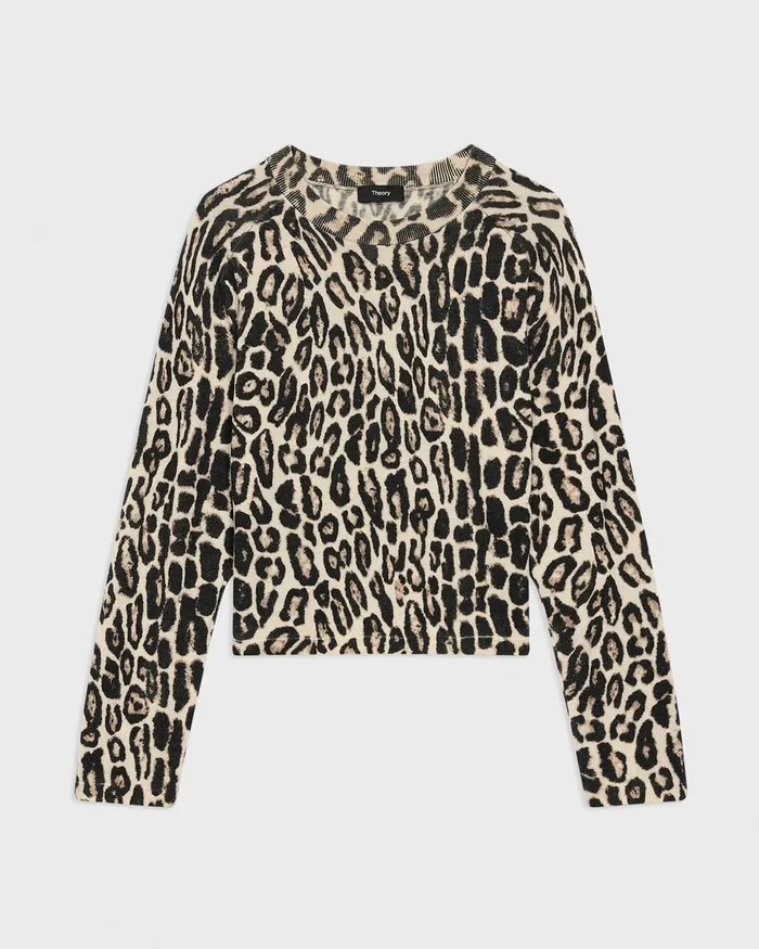 Women Sweaters Cardigans Theory Cropped Leopard Print Sweater In Merino Wool Beige Multi
