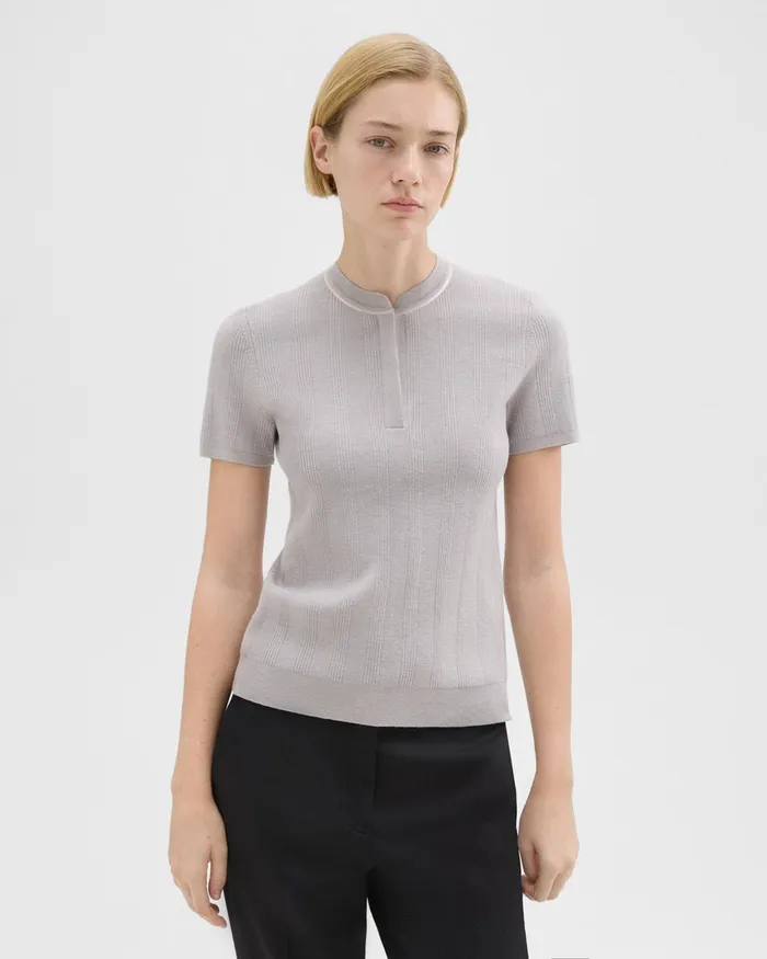 Women Sweaters Cardigans Theory Rib Knit ShortSleeve Henley Warm Silver
