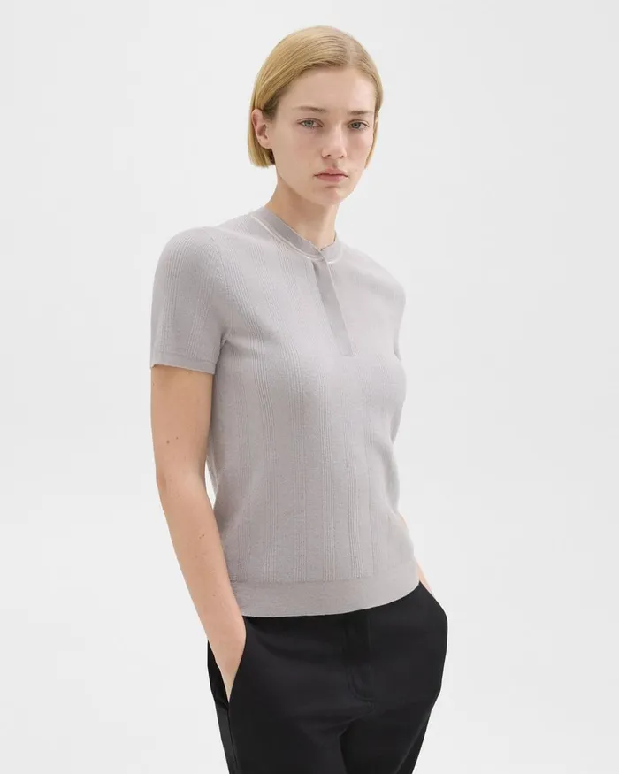 Women Sweaters Cardigans Theory Rib Knit ShortSleeve Henley Warm Silver