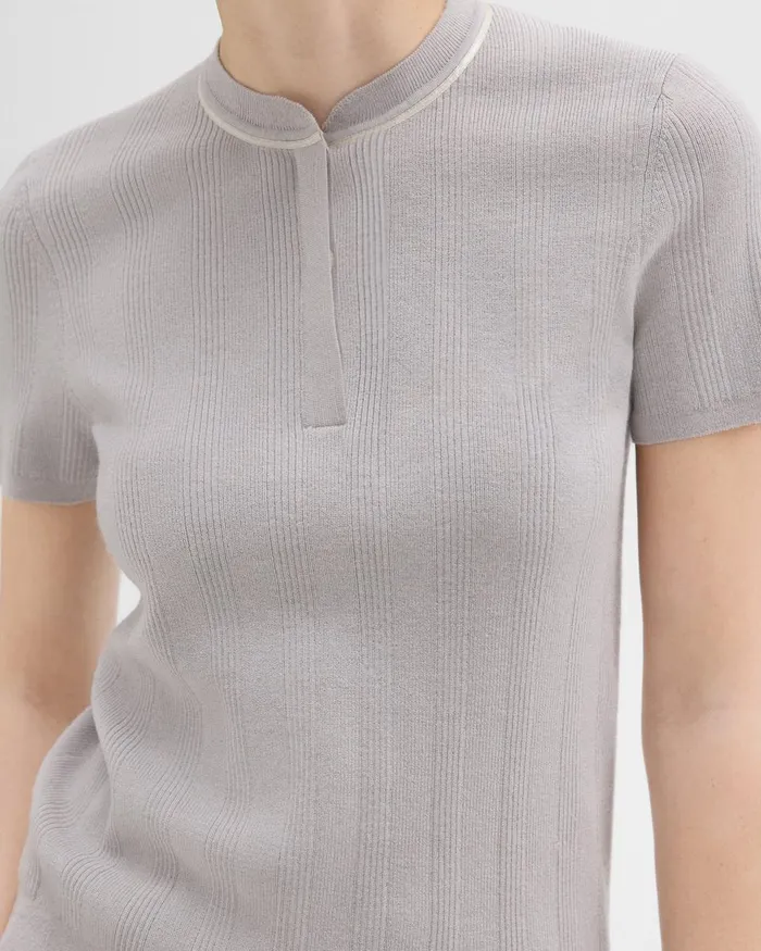 Women Sweaters Cardigans Theory Rib Knit ShortSleeve Henley Warm Silver