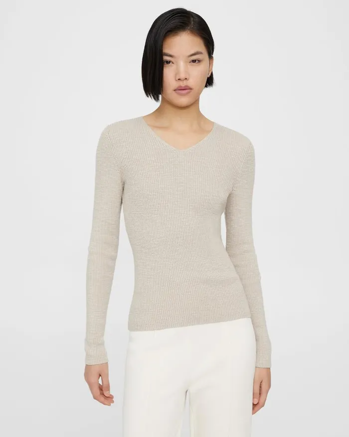 Women Sweaters Cardigans Theory Rib Knit VNeck Sweater In Slub Cotton Blend Parchment