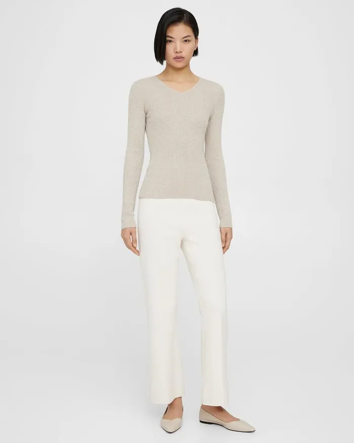 Women Sweaters Cardigans Theory Rib Knit VNeck Sweater In Slub Cotton Blend Parchment