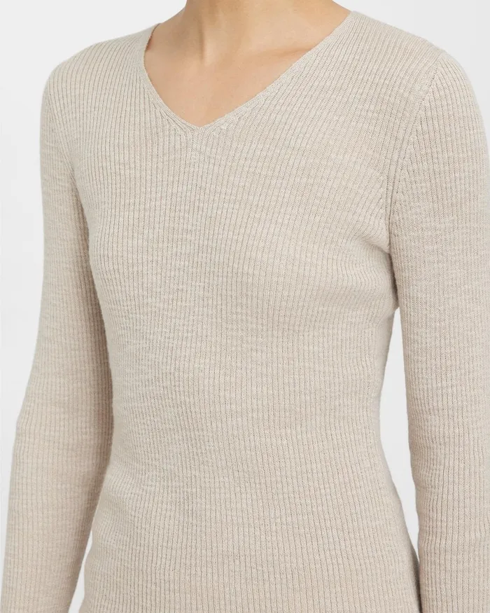 Women Sweaters Cardigans Theory Rib Knit VNeck Sweater In Slub Cotton Blend Parchment