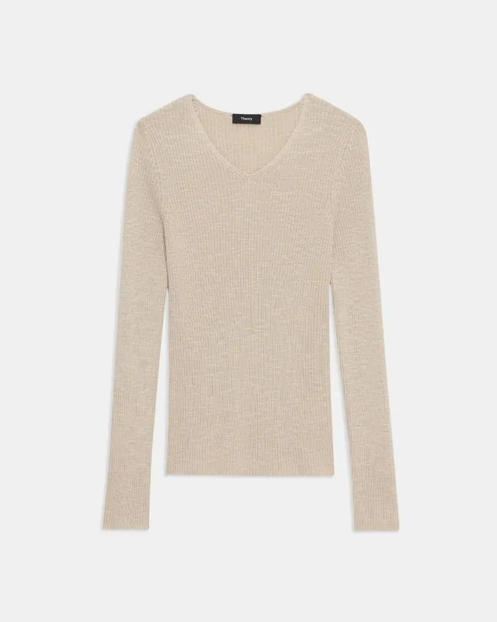 Women Sweaters Cardigans Theory Rib Knit VNeck Sweater In Slub Cotton Blend Parchment