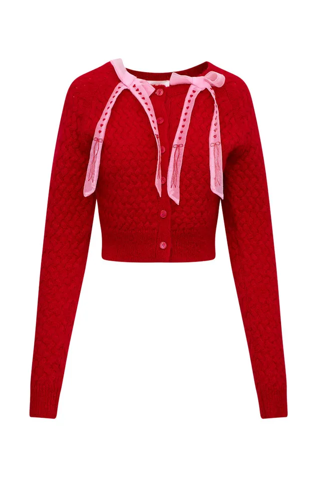 Women Sweaters LoveShackFancy Cupid Bow Cardigan Cherry Bomb