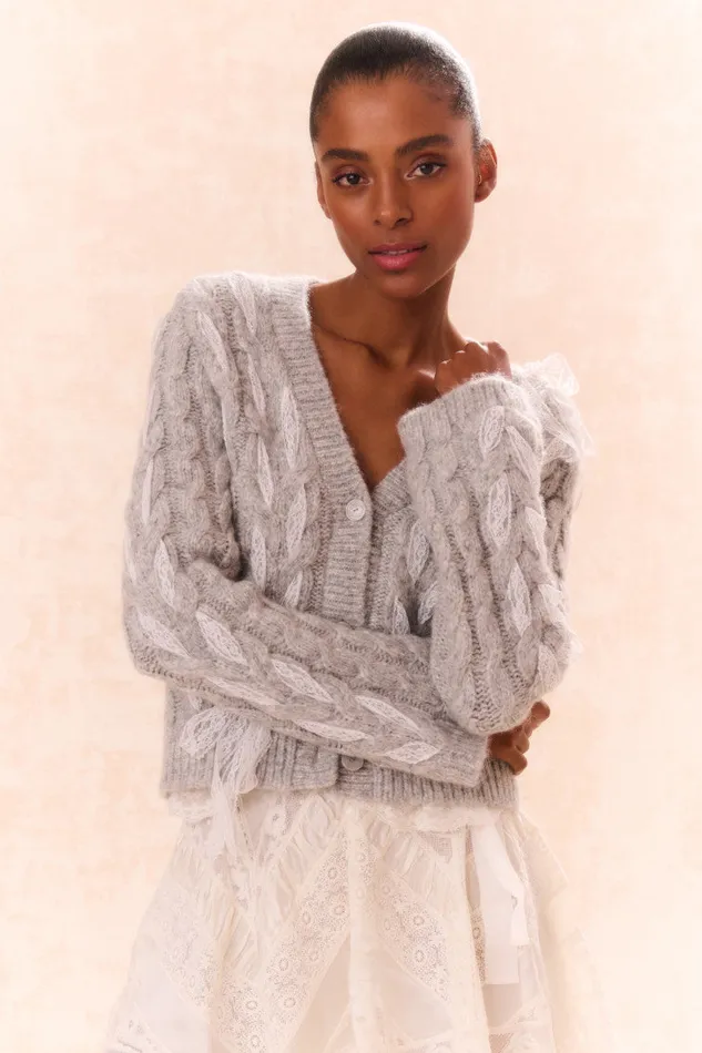 Women Sweaters LoveShackFancy Louella Wool Knit Cardigan Silver Mist