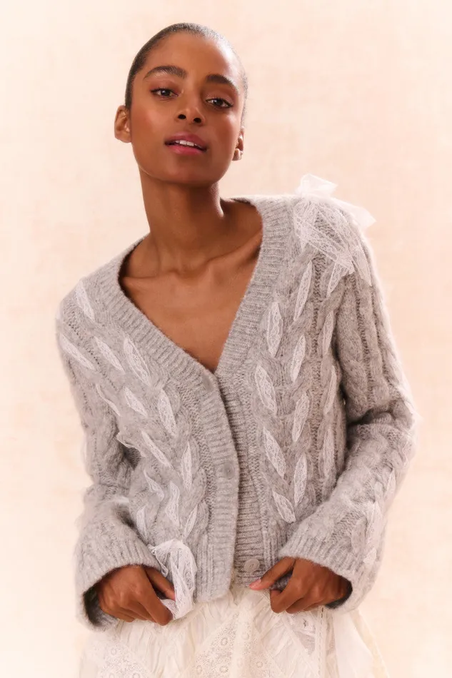 Women Sweaters LoveShackFancy Louella Wool Knit Cardigan Silver Mist