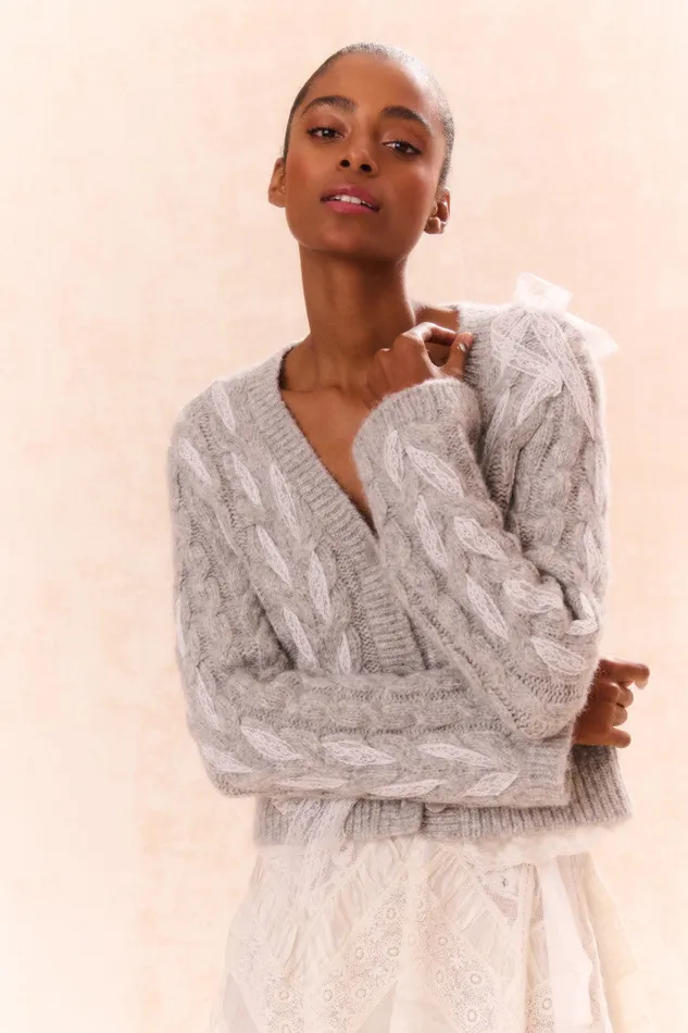 Women Sweaters LoveShackFancy Louella Wool Knit Cardigan Silver Mist