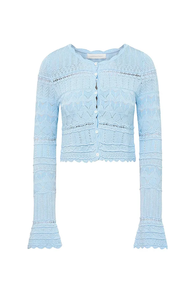 Women Sweaters LoveShackFancy Media Pointelle Scallop Cardigan Morning Tide