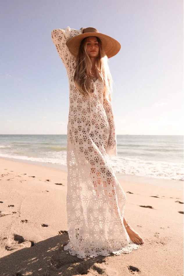 Women Swim LoveShackFancy Lorne Cotton Crochet Maxi Dress Antique White